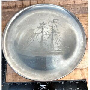 Vintage Aluminum Serving Plate With Etched Sailing Ship Design Nautical Maritime